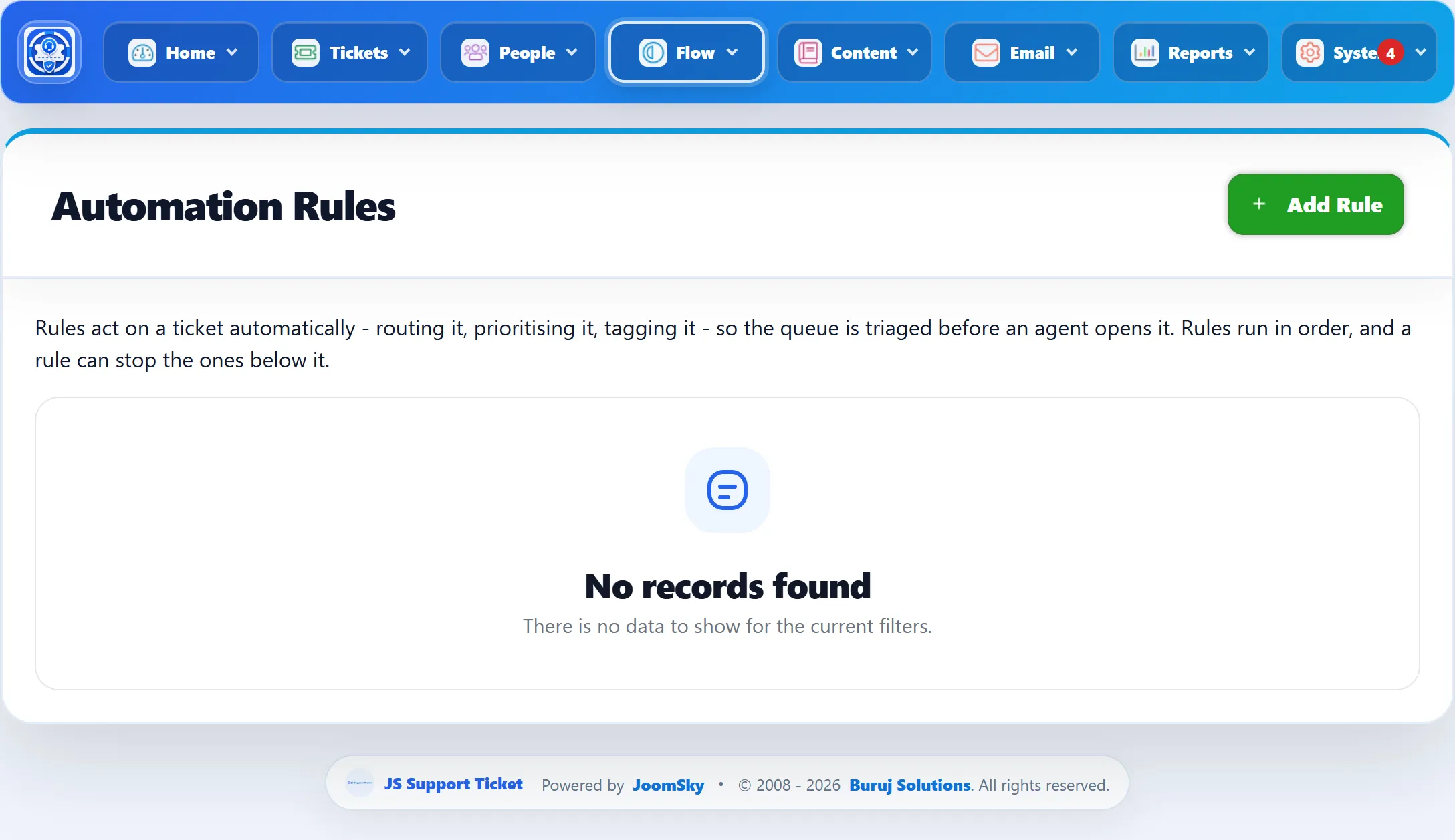 The Automation Rules list, empty, with the introduction “Rules act on a ticket automatically” and an Add Rule button.
