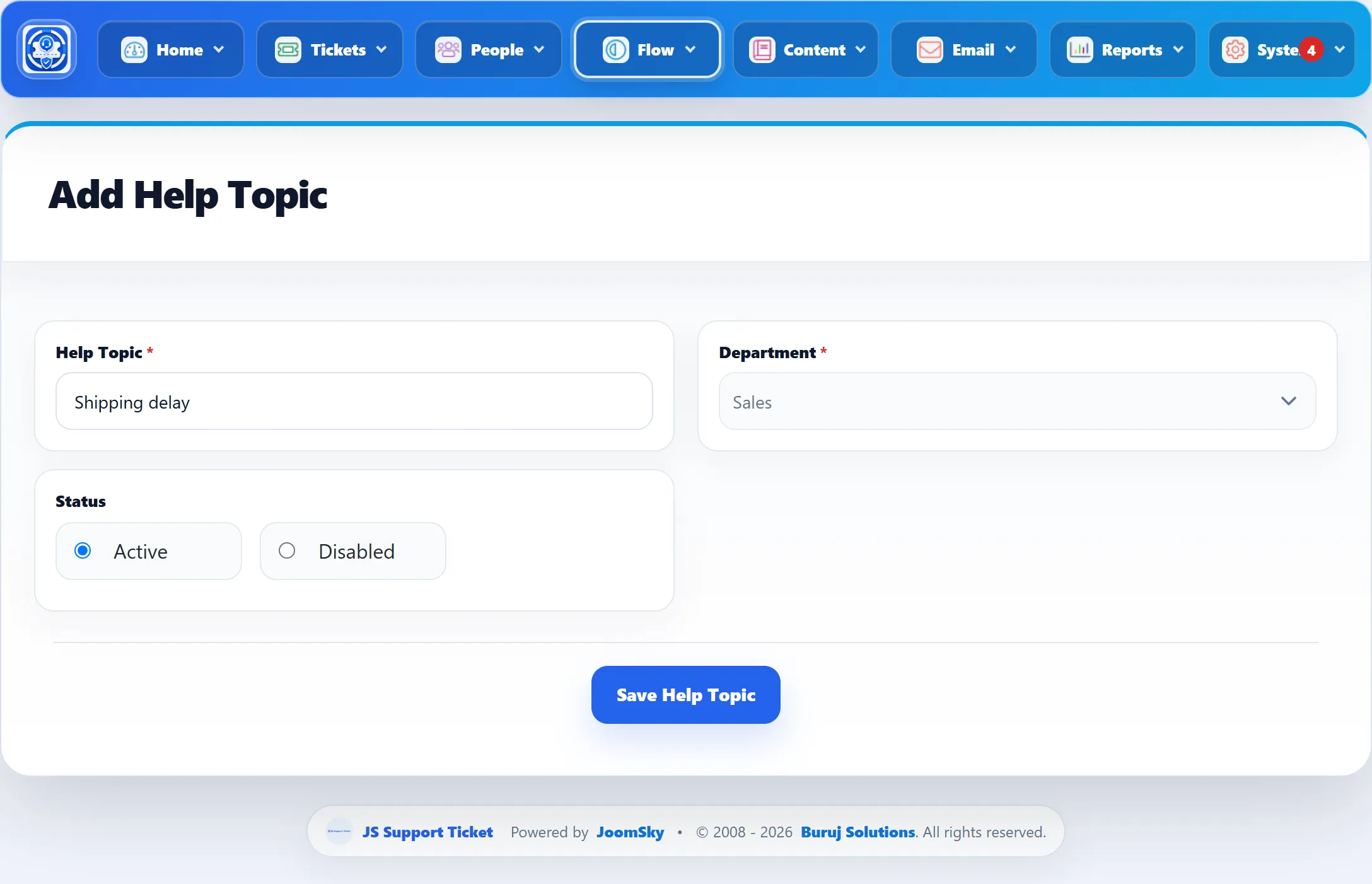 The Add Help Topic form: Help Topic “Shipping delay”, Department Sales, Status Active.