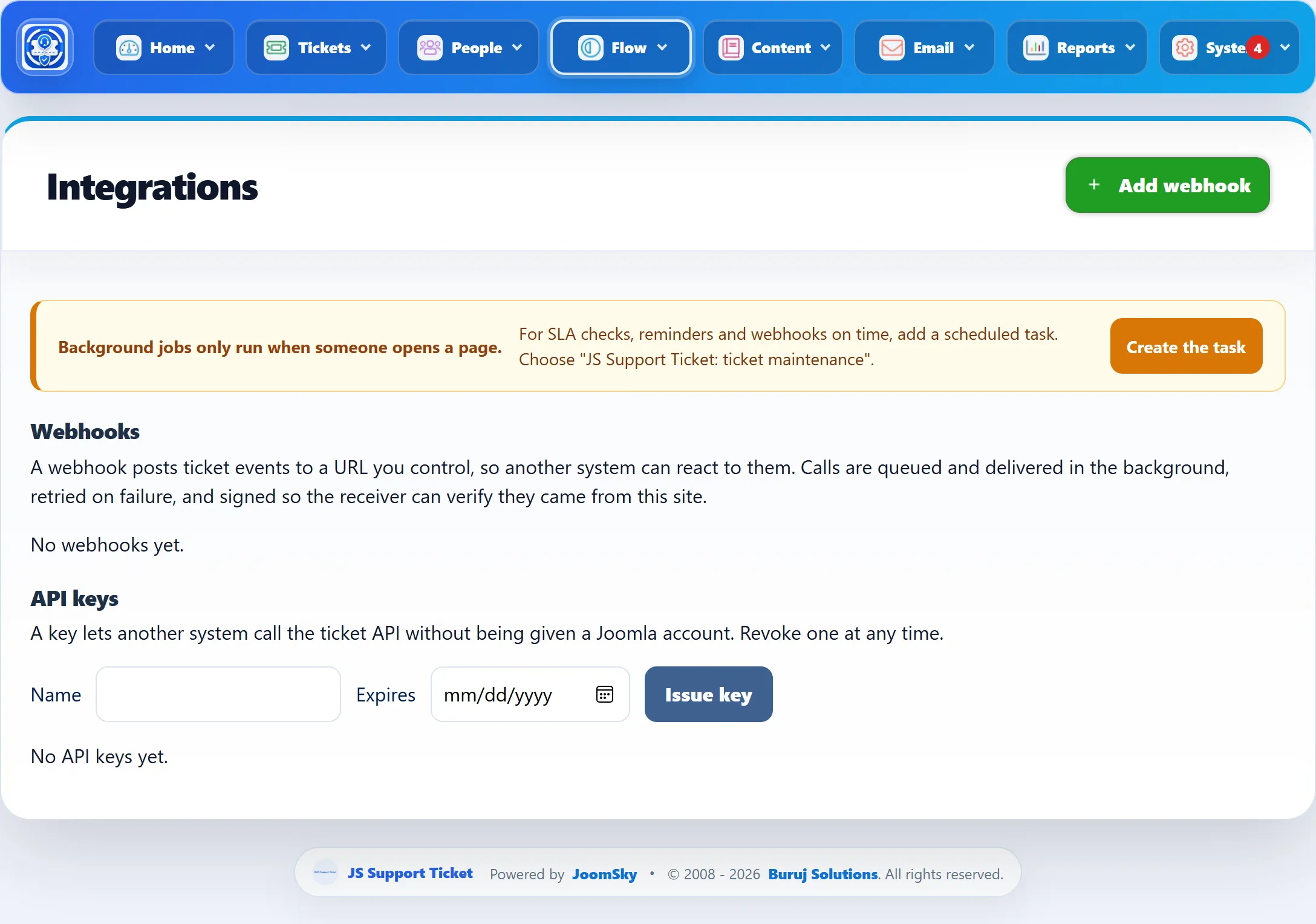 The Integrations screen: the background jobs notice, the Webhooks section with “No webhooks yet.”, and the API keys section with Name, Expires and Issue key.