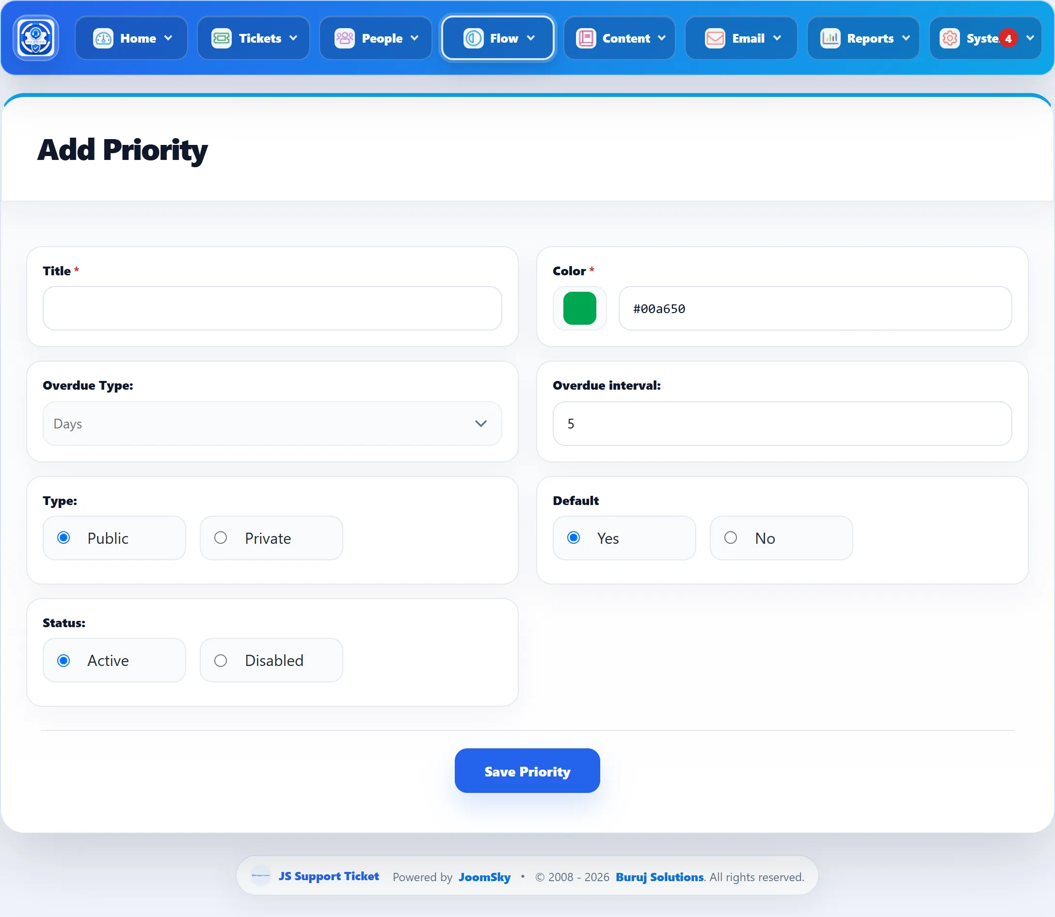 The Add Priority form: Title, Color with a colour picker showing #00a650, Overdue Type Days, Overdue interval 5, Type Public, Default Yes, Status Active.