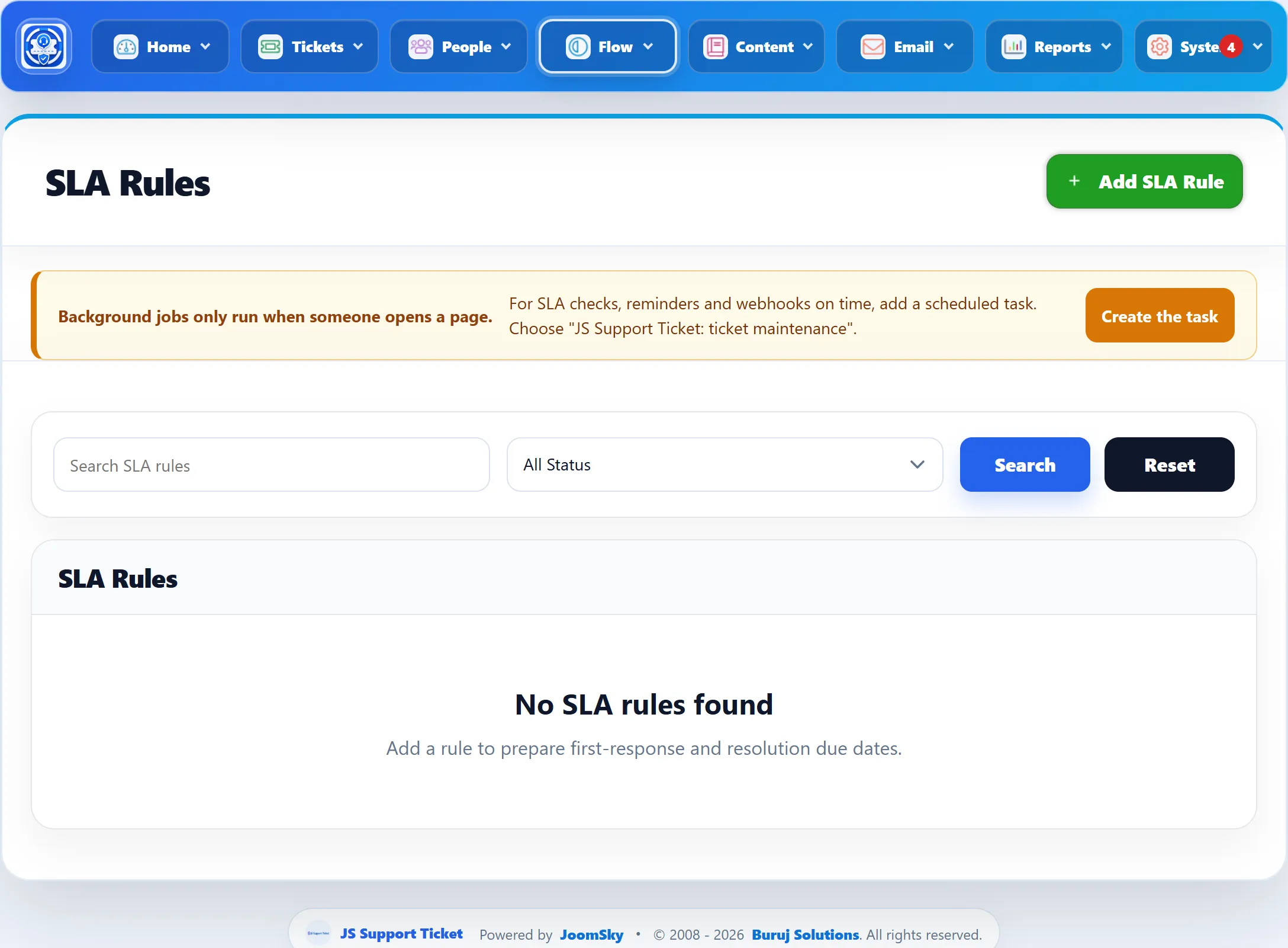 The SLA Rules list, empty, showing “No SLA rules found” under a search box and status filter.