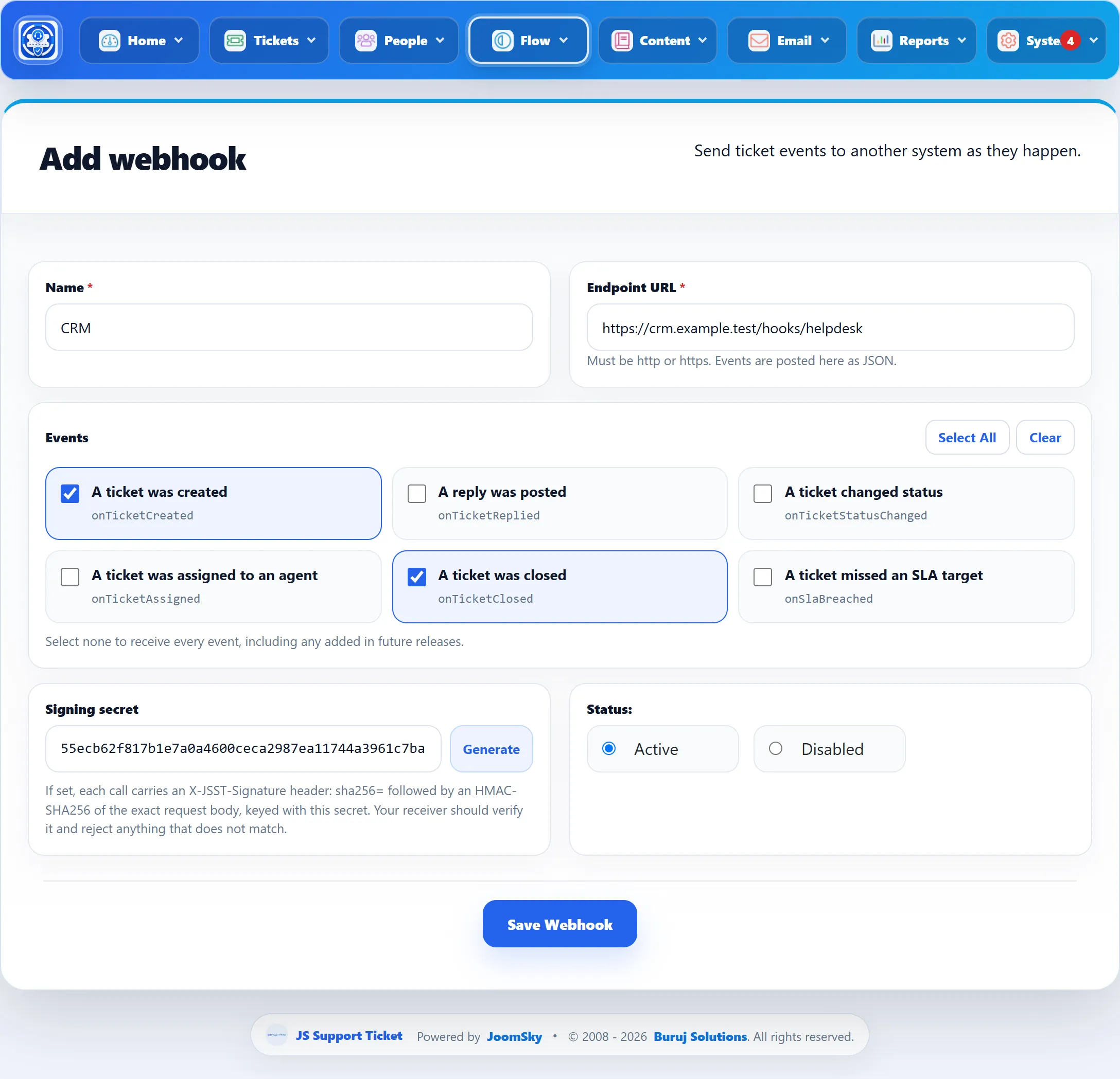 The Add webhook form filled in: Name “CRM”, Endpoint URL https://crm.example.test/hooks/helpdesk, the events “A ticket was created” and “A ticket was closed” ticked, a generated signing secret, and Status Active.