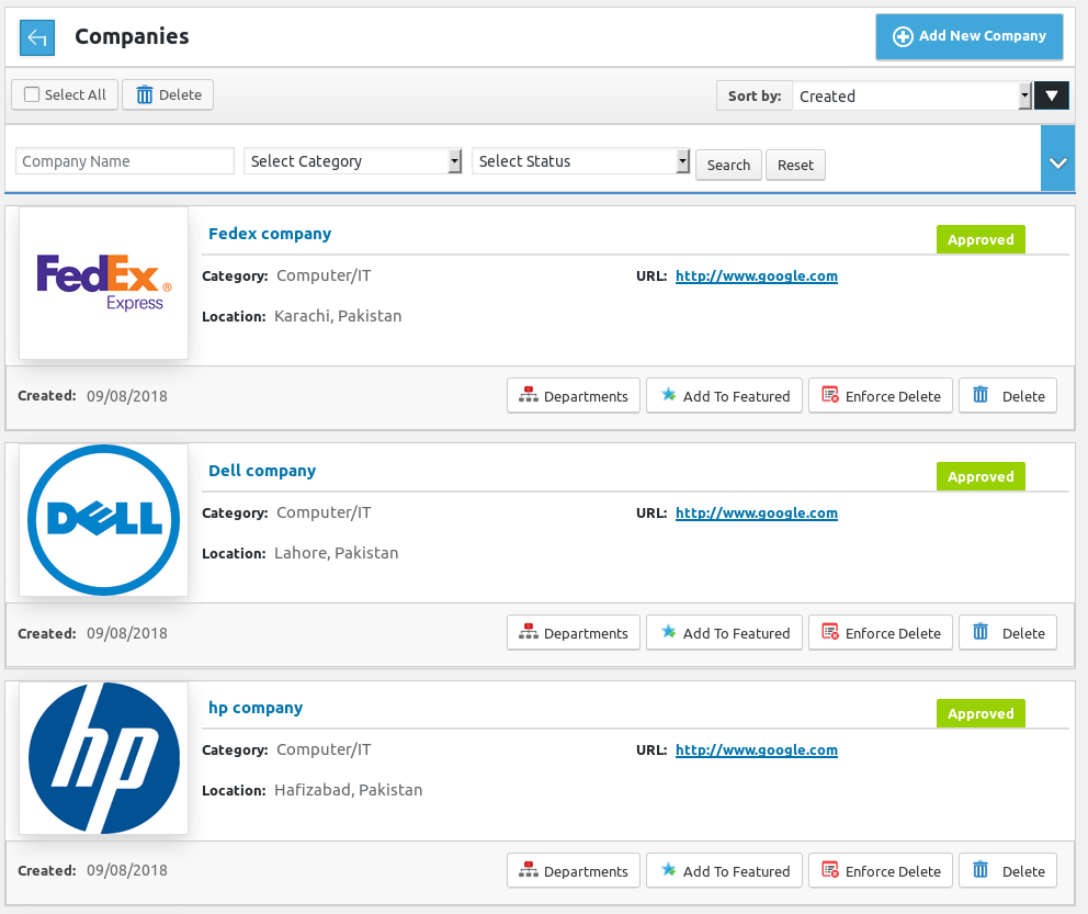 Admin Companies Listing