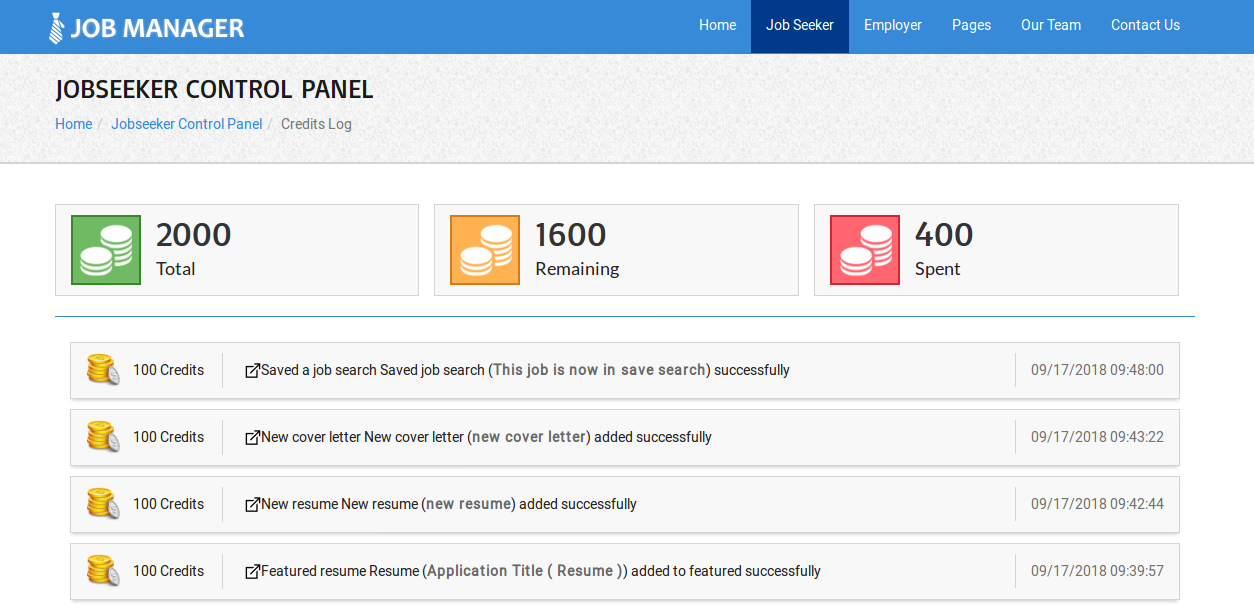 Job Seeker Credits Log